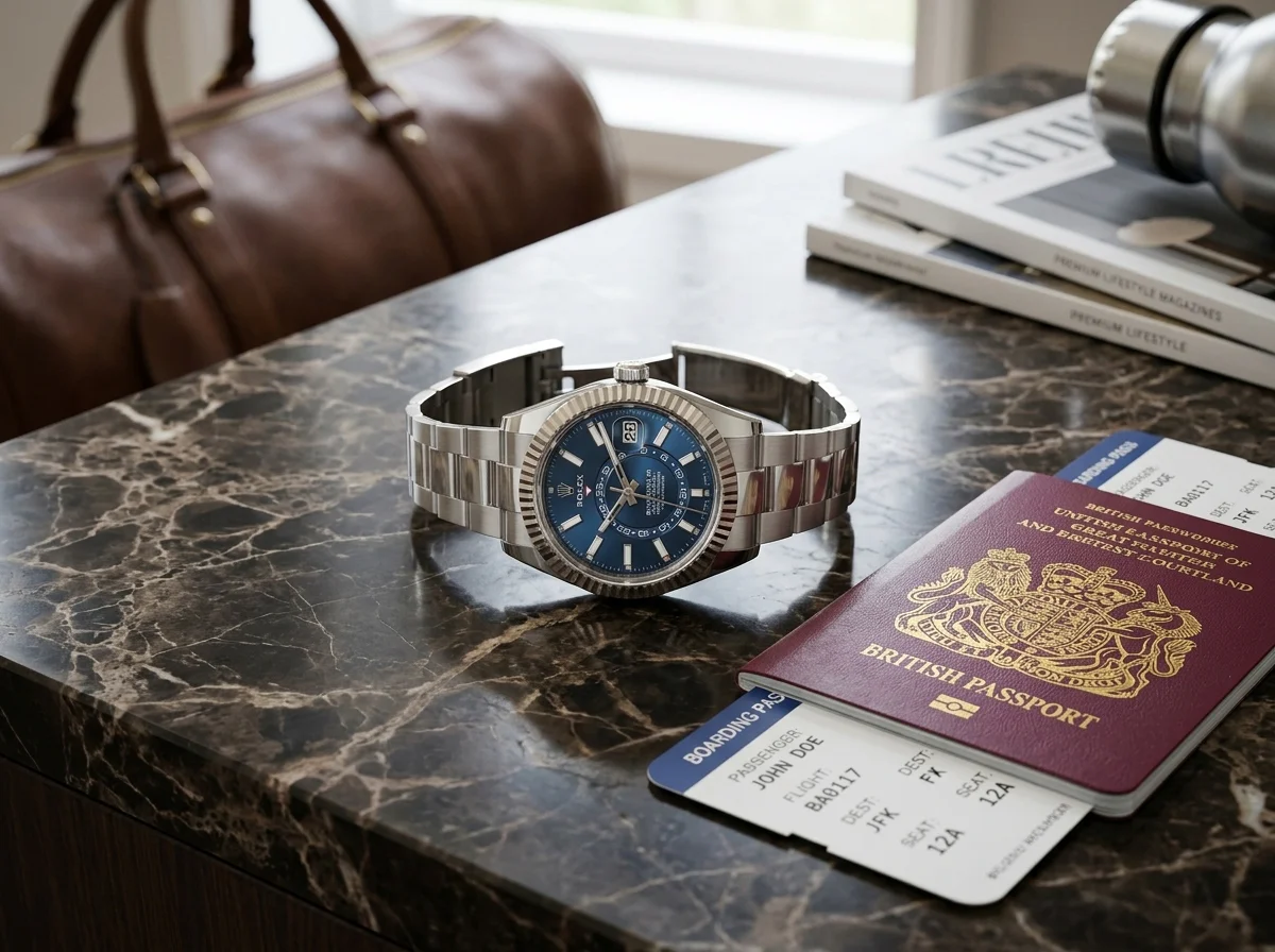 Rolex Sky-Dweller 326934 steel blue dial on dark marble beside passport and boarding pass, travel editorial
