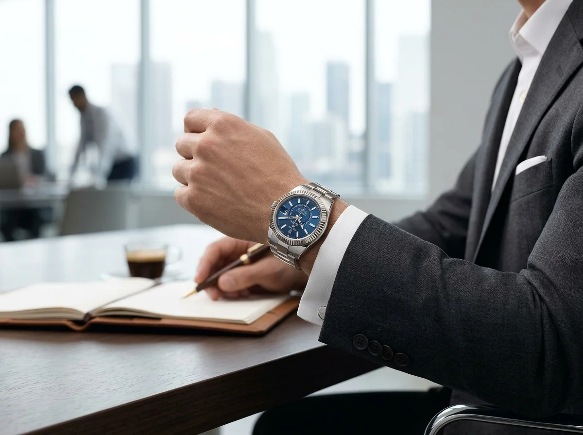 Rolex Sky-Dweller 326934 worn on wrist in business suit sleeve, indoor office natural light from window