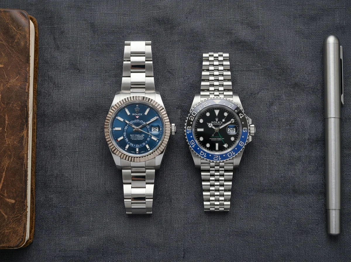 Rolex Sky-Dweller 326934 beside Rolex GMT-Master II Batman 126710BLNR comparison flat lay on dark grey linen