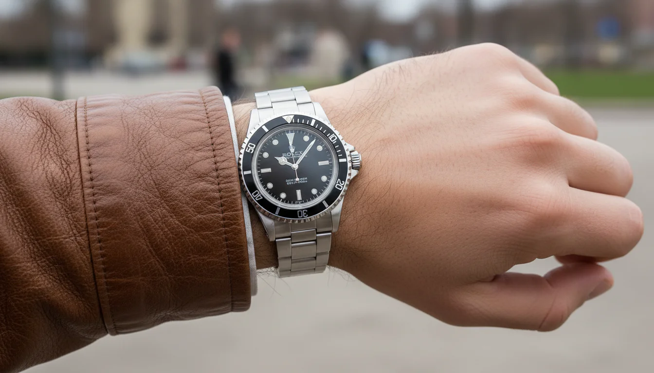 Wrist shot of a vintage Rolex Submariner 5513, worn by Roger Moore as James Bond