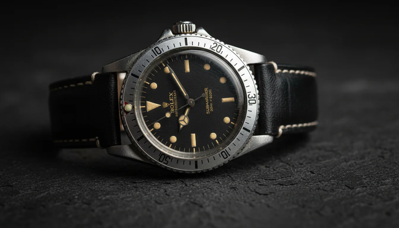 Macro shot of a vintage Rolex Submariner 6538 dial, the original James Bond Submariner worn in Dr. No