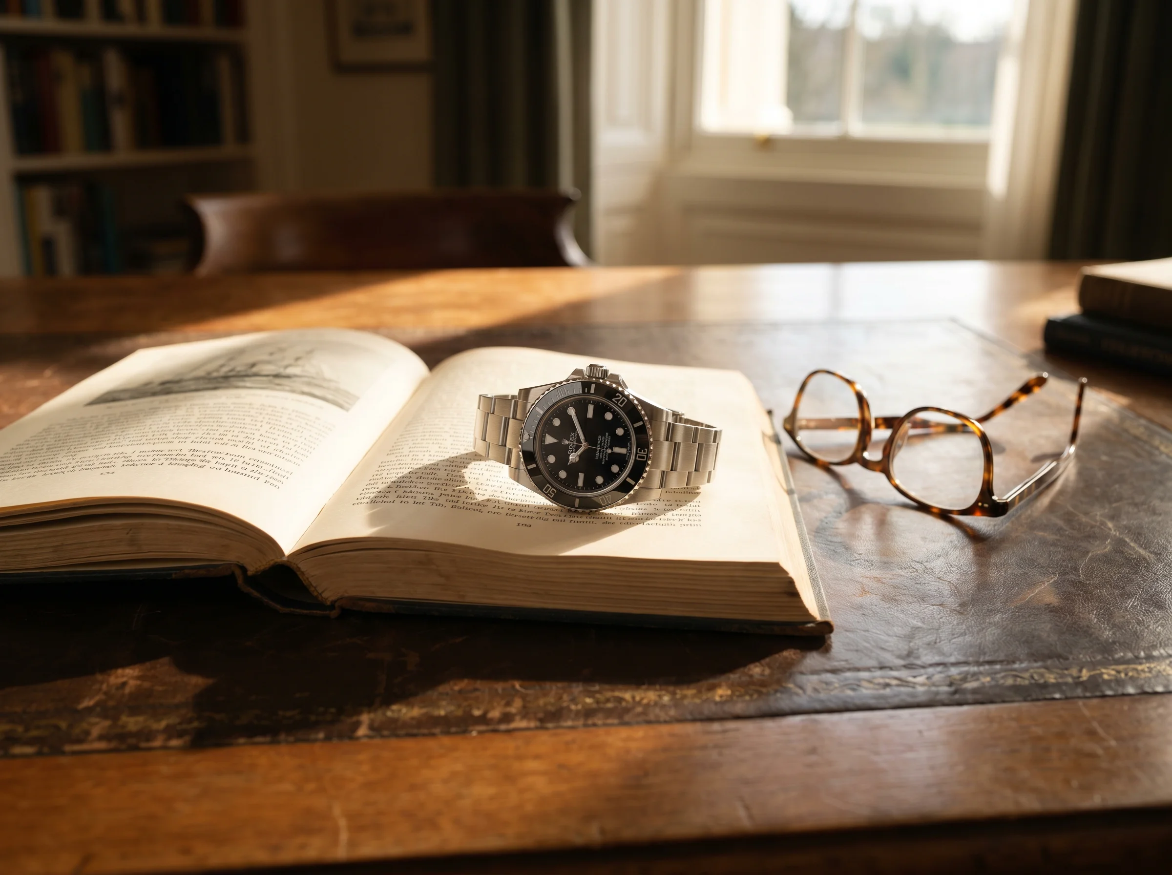 Rolex Submariner in steel with black dial resting on an open book, the compact baseline dive watch
