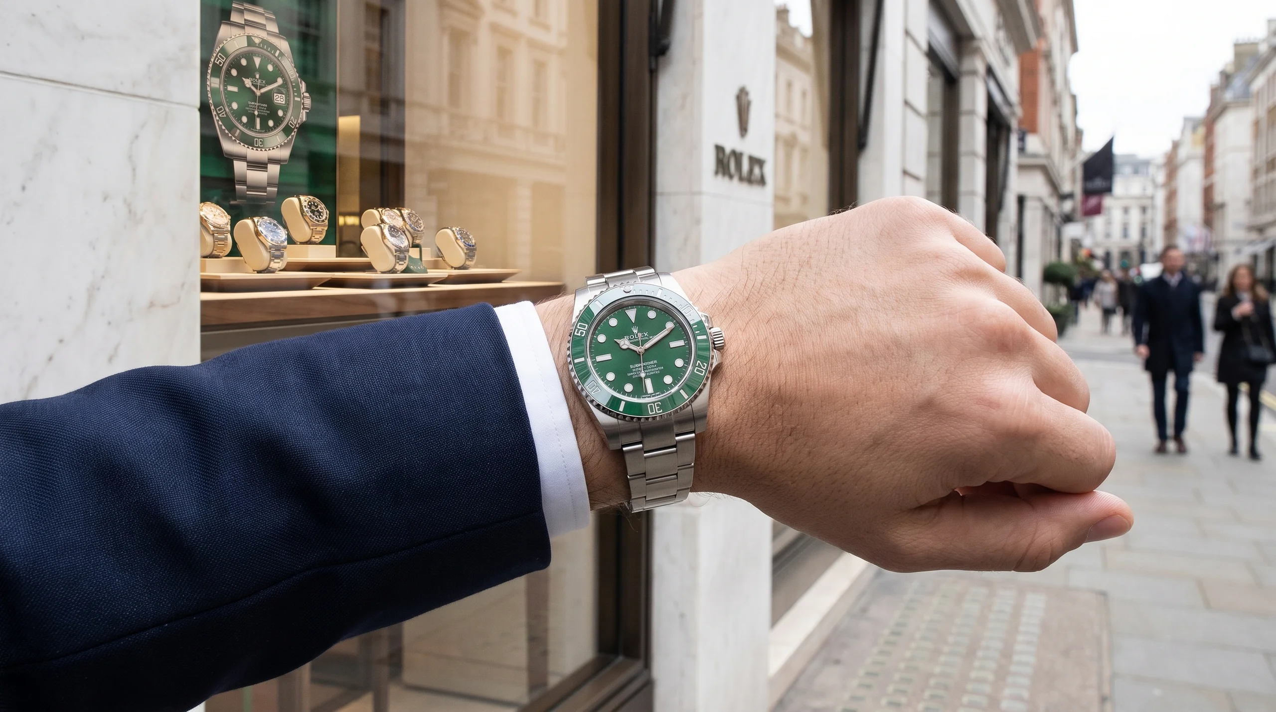 Collector wearing a steel Rolex Submariner outside a Rolex boutique storefront
