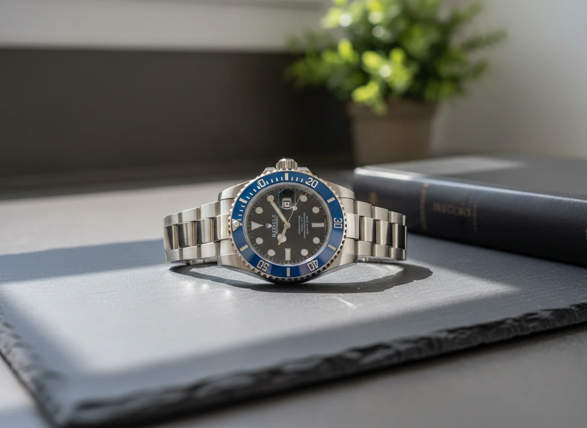 Rolex Submariner Date Cookie Monster reference 126619LB in 18k white gold with blue Cerachrom dive bezel and black dial on a dark slate counter, the discontinued white gold Submariner that climbed 8 percent post-Watches and Wonders 2026.