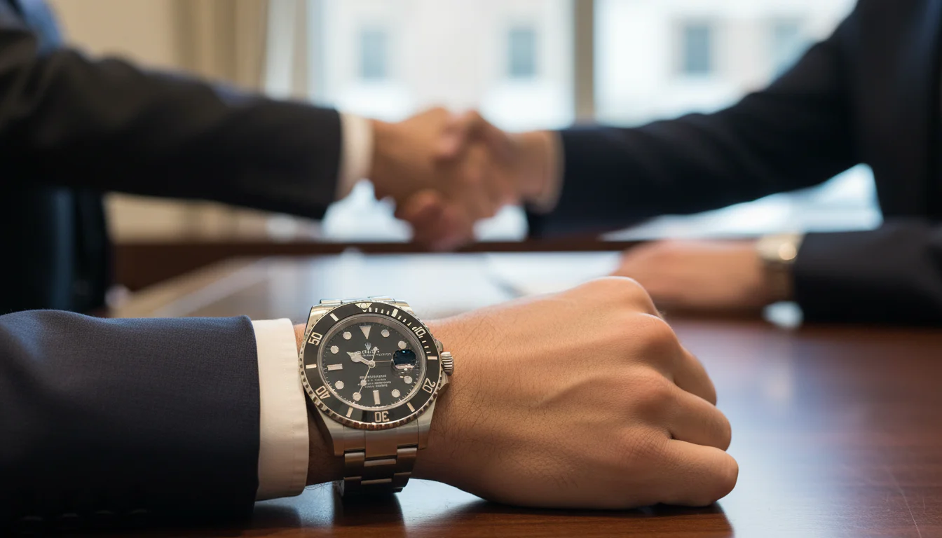 A Rolex Submariner on a wrist resting on a dealer counter near a handshake, representing a closed deal