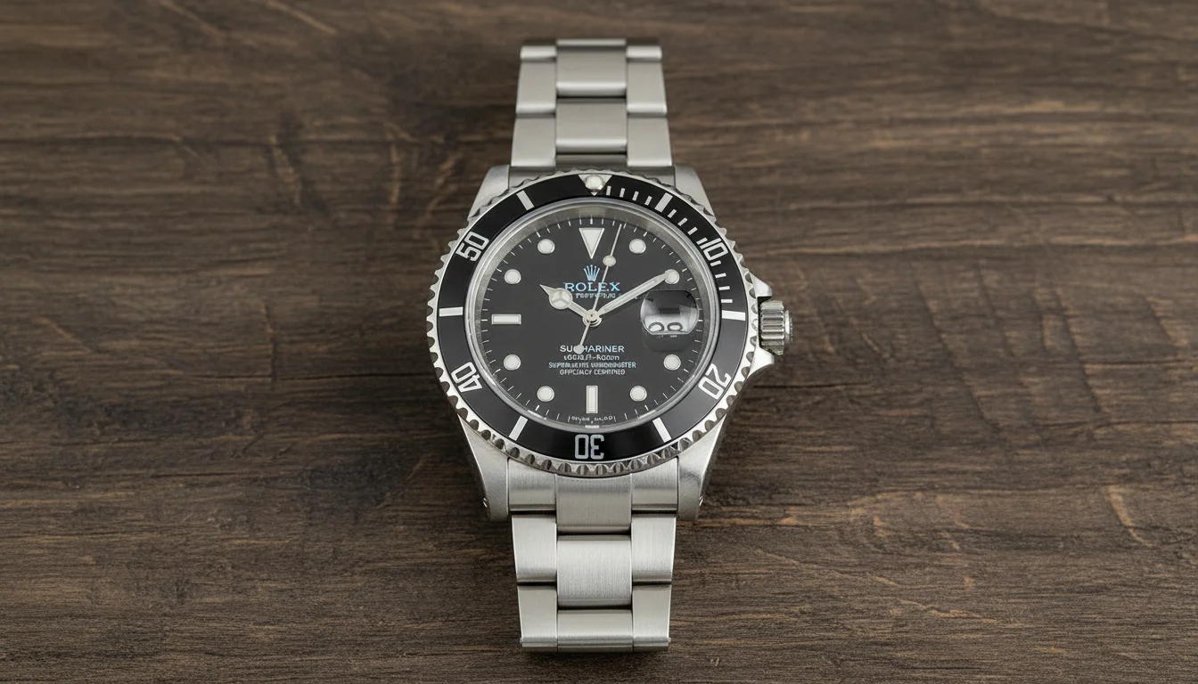 Rolex Submariner steel watch front view on a wood surface