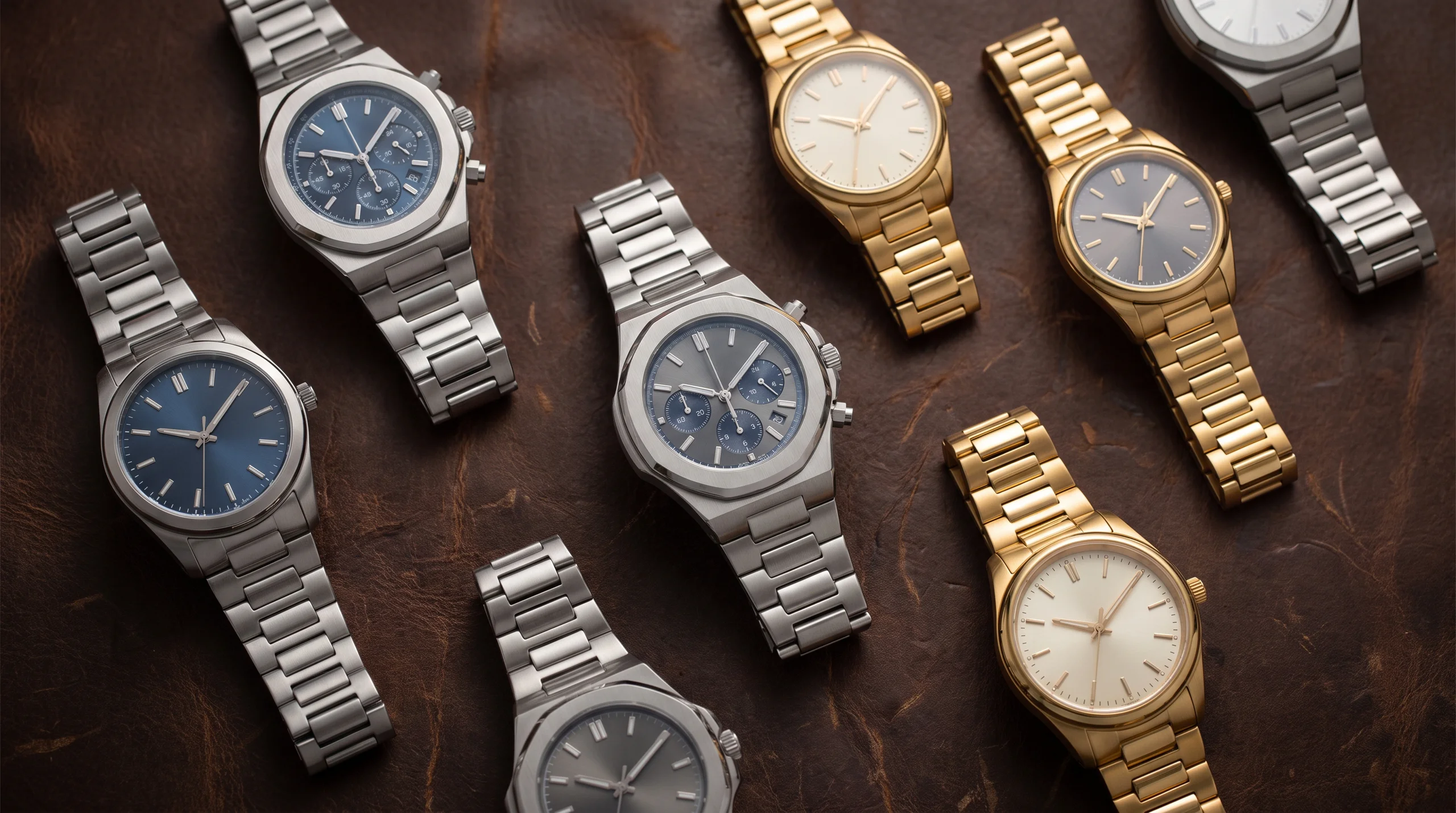 An overhead spread of several steel and gold luxury watches arranged on a leather surface