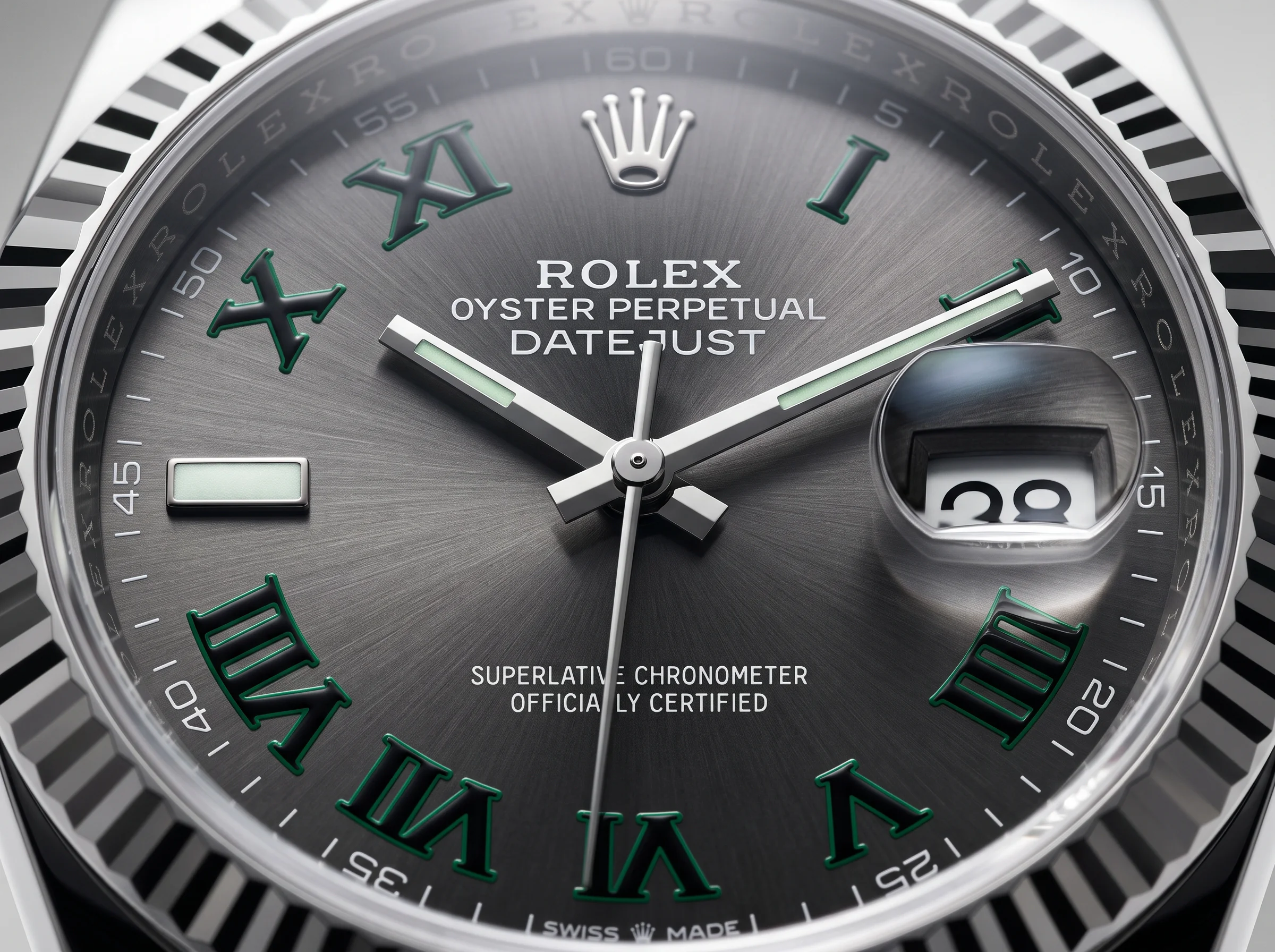 Close-up of the Rolex Wimbledon dial showing the slate-grey sunburst finish, green-outlined Roman numerals and the 9 o'clock baton