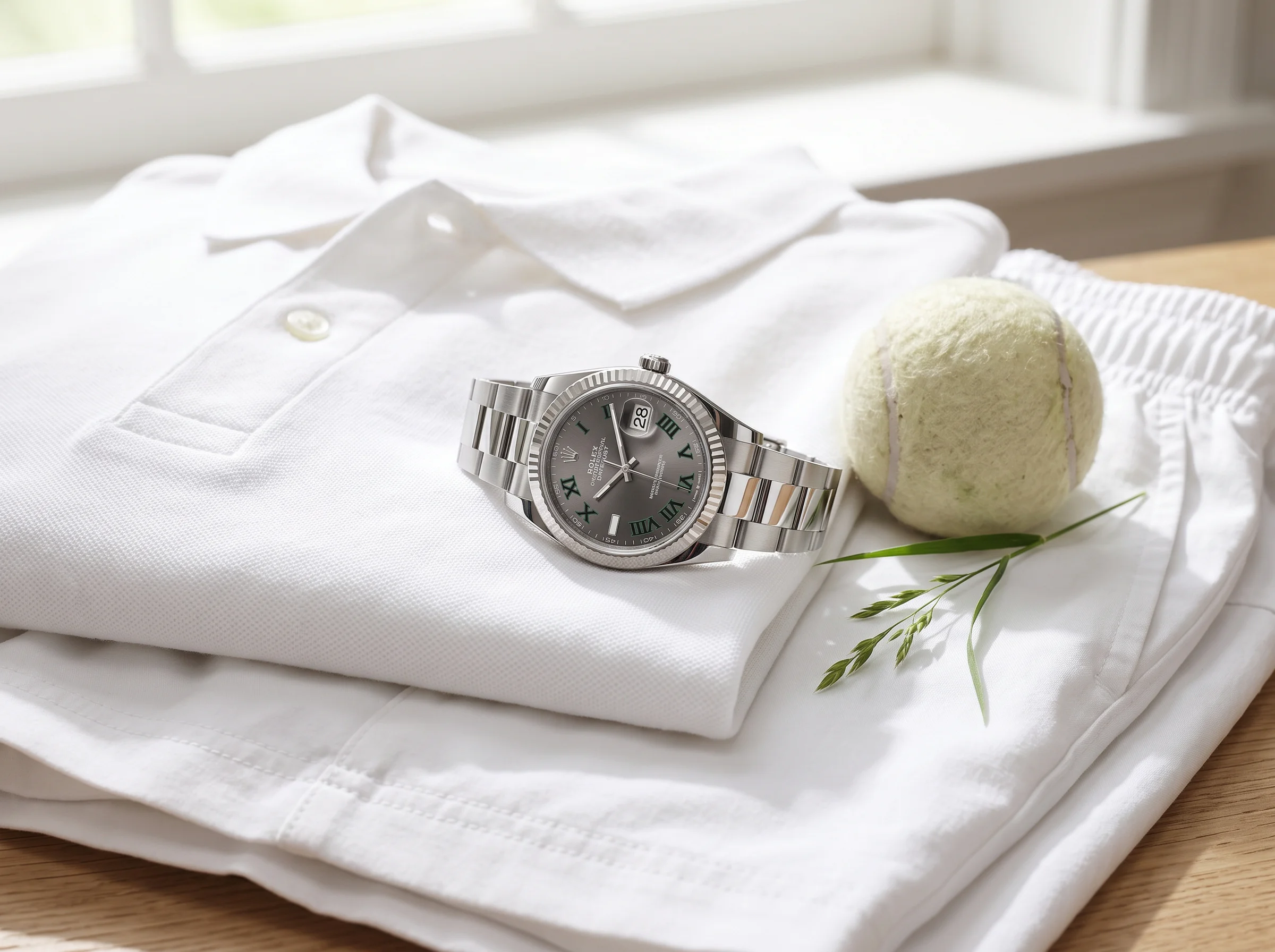 Steel Rolex Datejust Wimbledon resting on folded white tennis clothing beside a tennis ball