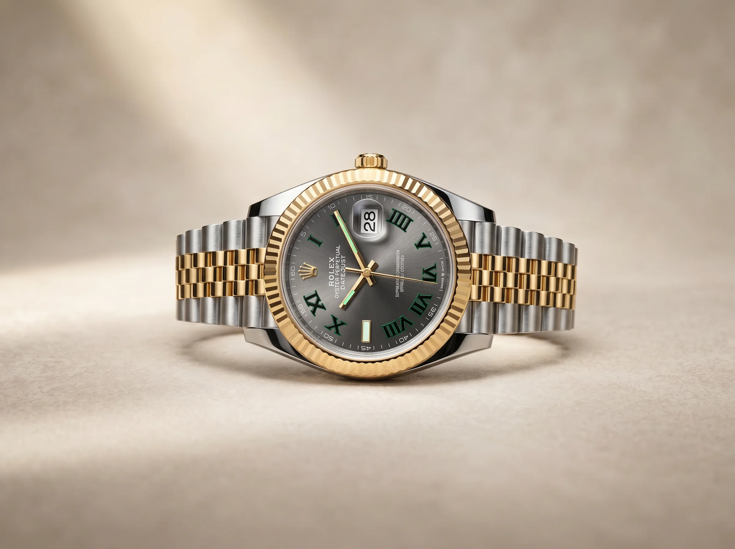 Two-tone yellow Rolesor Rolex Datejust with the Wimbledon slate-grey dial and green Roman numerals