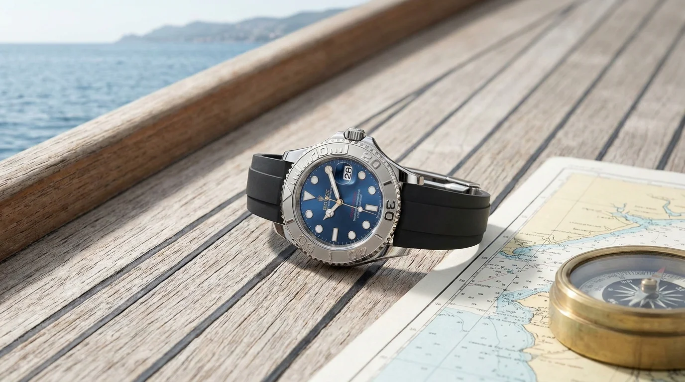 Rolex Yacht-Master 40 126622 Rolesor blue dial on teak boat deck beside nautical chart and compass, coastal light