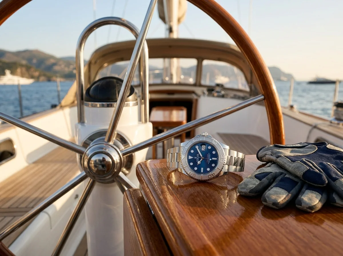 Rolex Yacht-Master 40 126622 on teak yacht deck beside sailing gloves at helm, afternoon coastal light