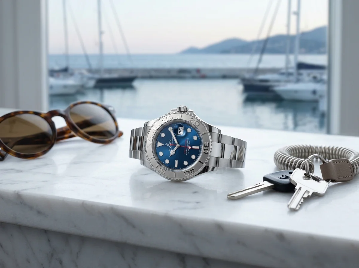 Rolex Yacht-Master 40 126622 on white marble beside sunglasses and boat keys, coastal morning light editorial