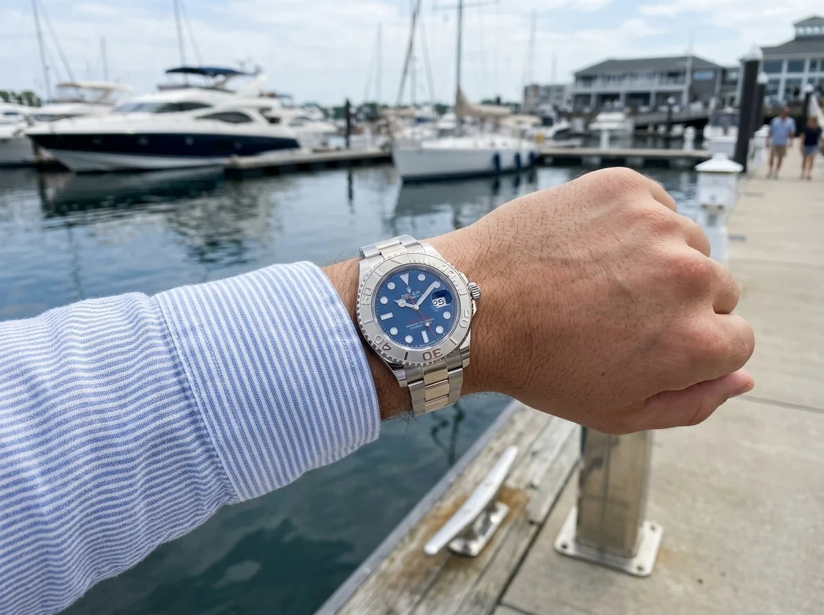 Rolex Yacht-Master 40 126622 two-tone Rolesor worn on wrist near marina, casual summer shirt, outdoor coastal light