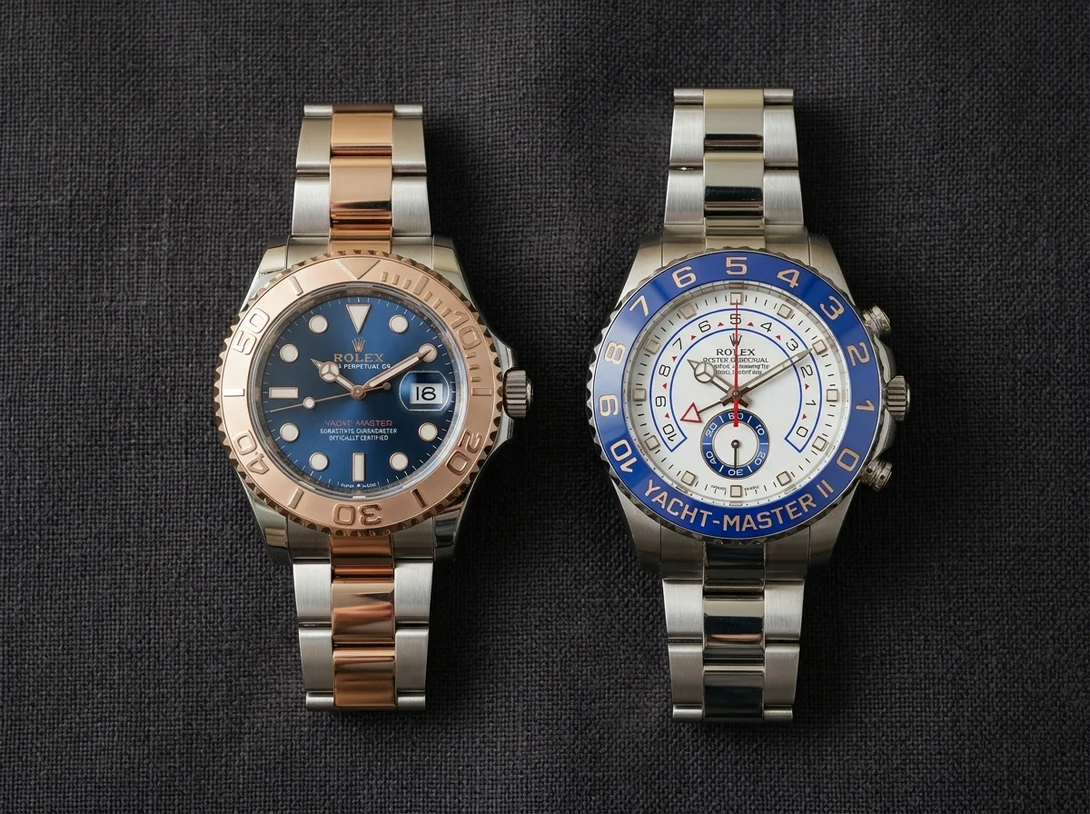 Rolex Yacht-Master I 126622 beside Yacht-Master II 126680 comparison flat lay on dark linen overhead light