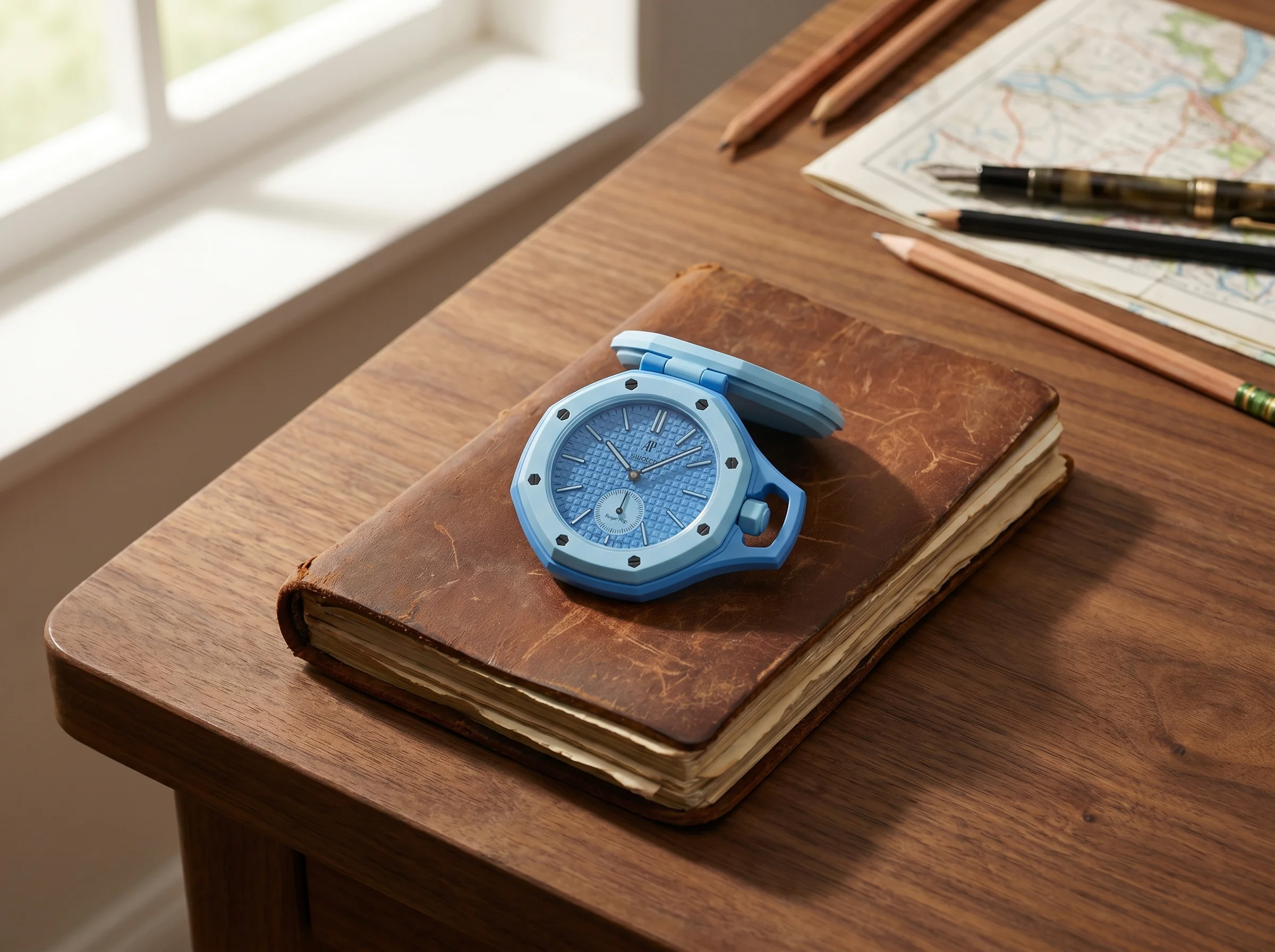 AP x Swatch Royal Pop Lan Ba Savonnette pocket watch open showing small seconds subdial on brown leather journal