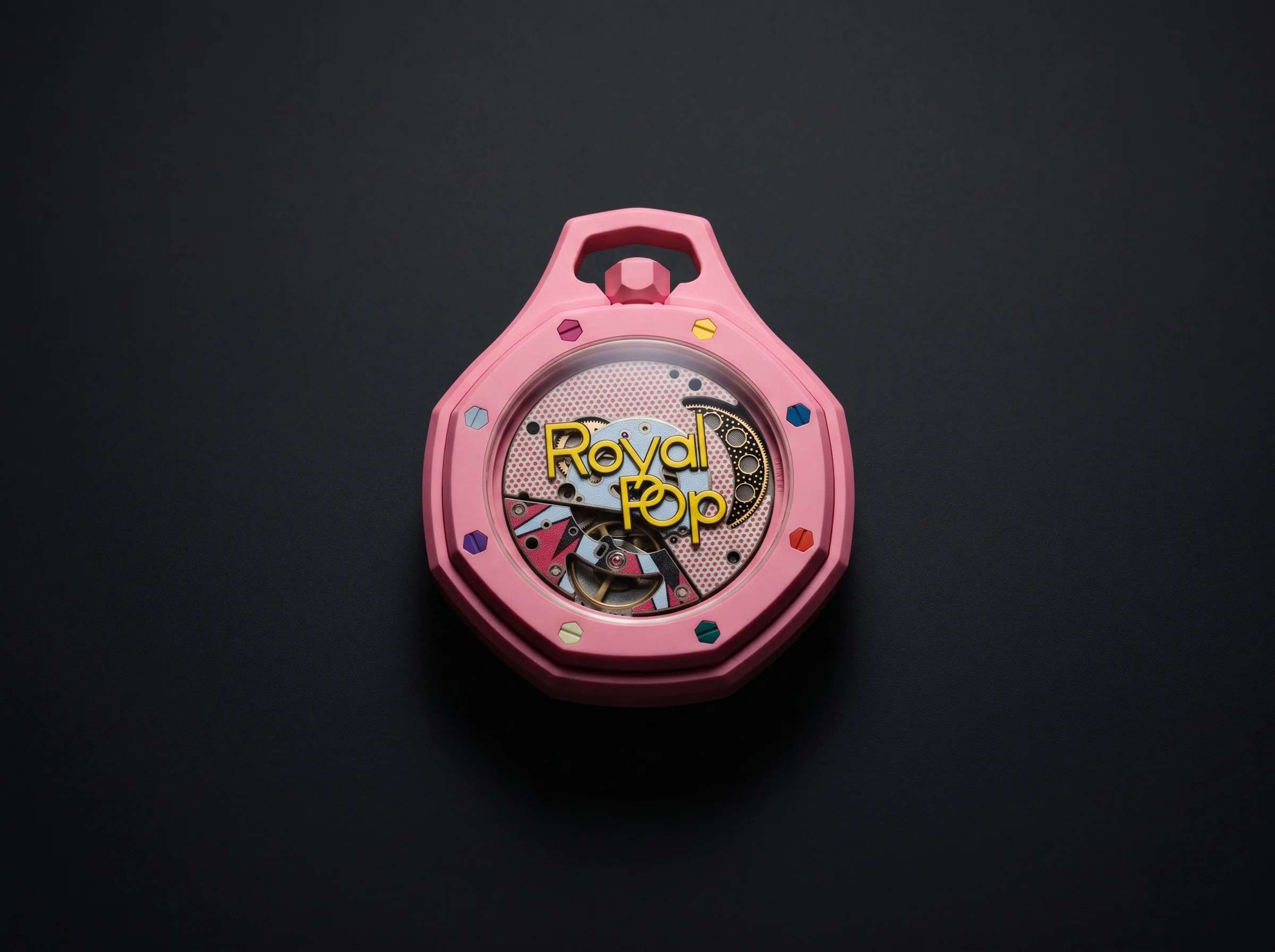 AP x Swatch Royal Pop sapphire exhibition caseback showing hand-wound Sistem51 movement with Pop Art digital printing and openworked mainspring barrel