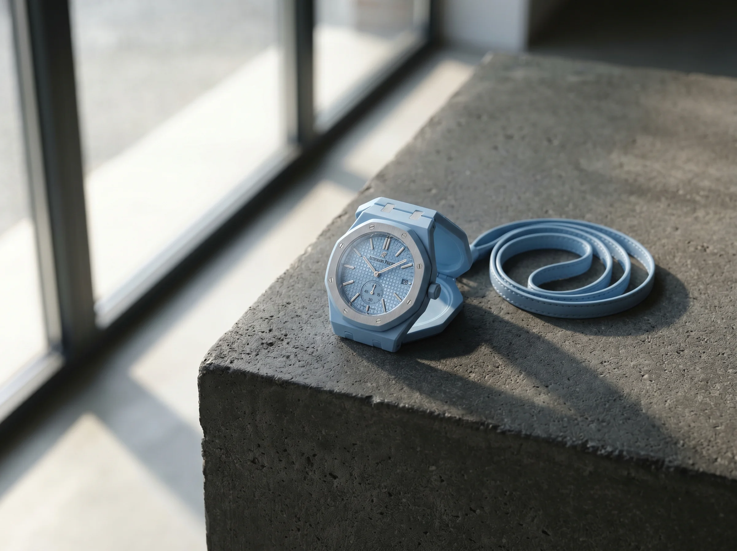 Swatch x Audemars Piguet Royal Pop Lan Ba Savonnette light blue bioceramic pocket watch with open hunter cover and small seconds subdial