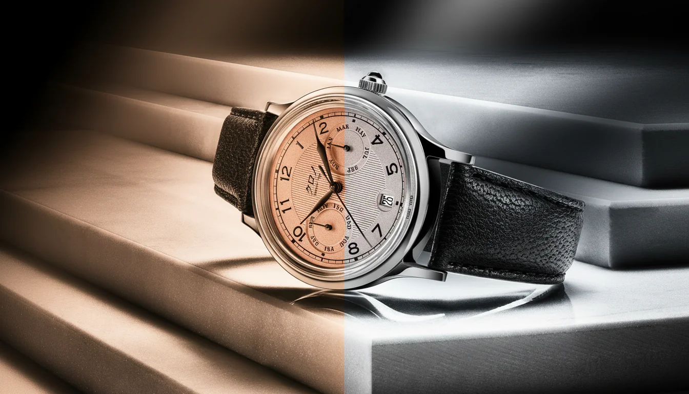 Salmon watch dial shown under two different lighting angles demonstrating the color shift from pink to silver