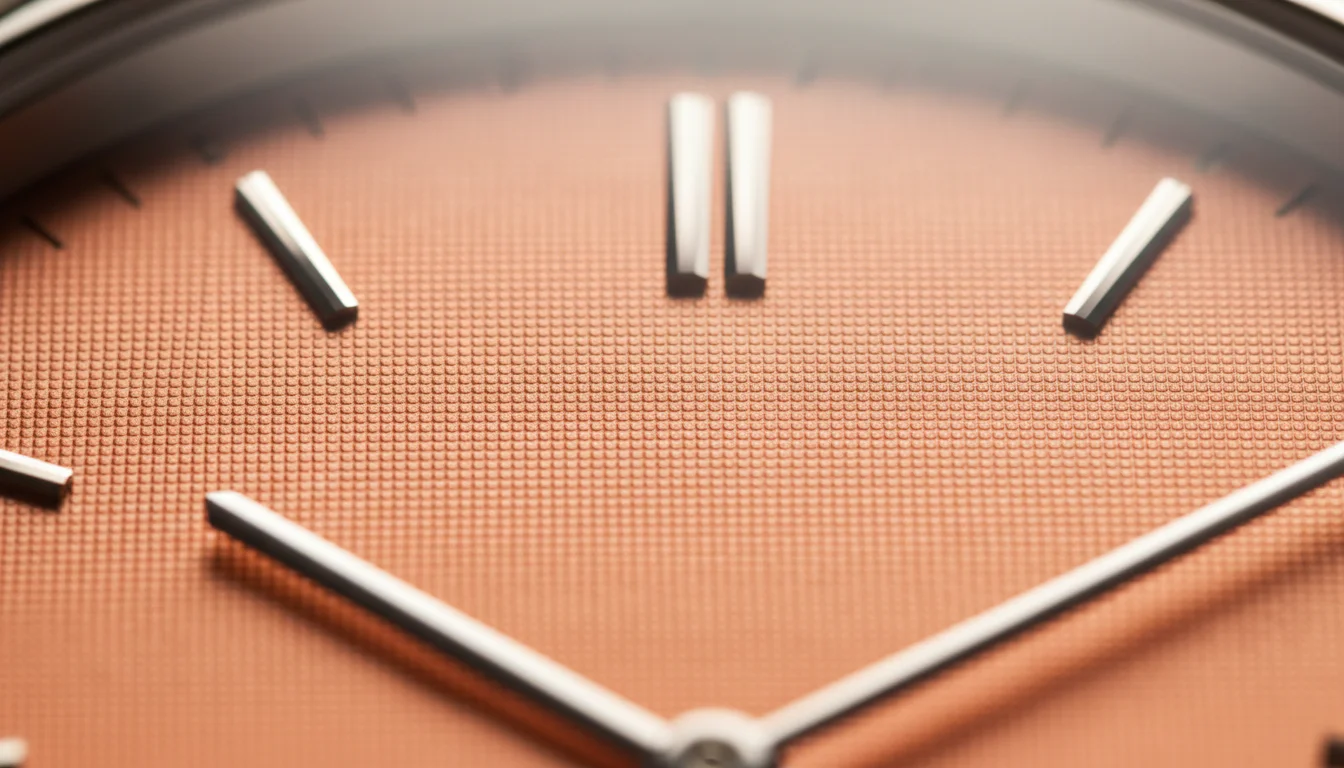 Macro photograph of a salmon watch dial showing the fine guilloche texture
