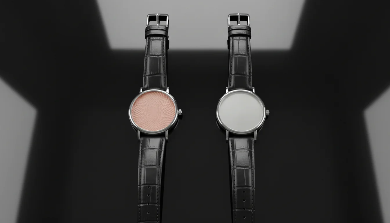 Comparison of a salmon dial watch and a silver dial watch side by side