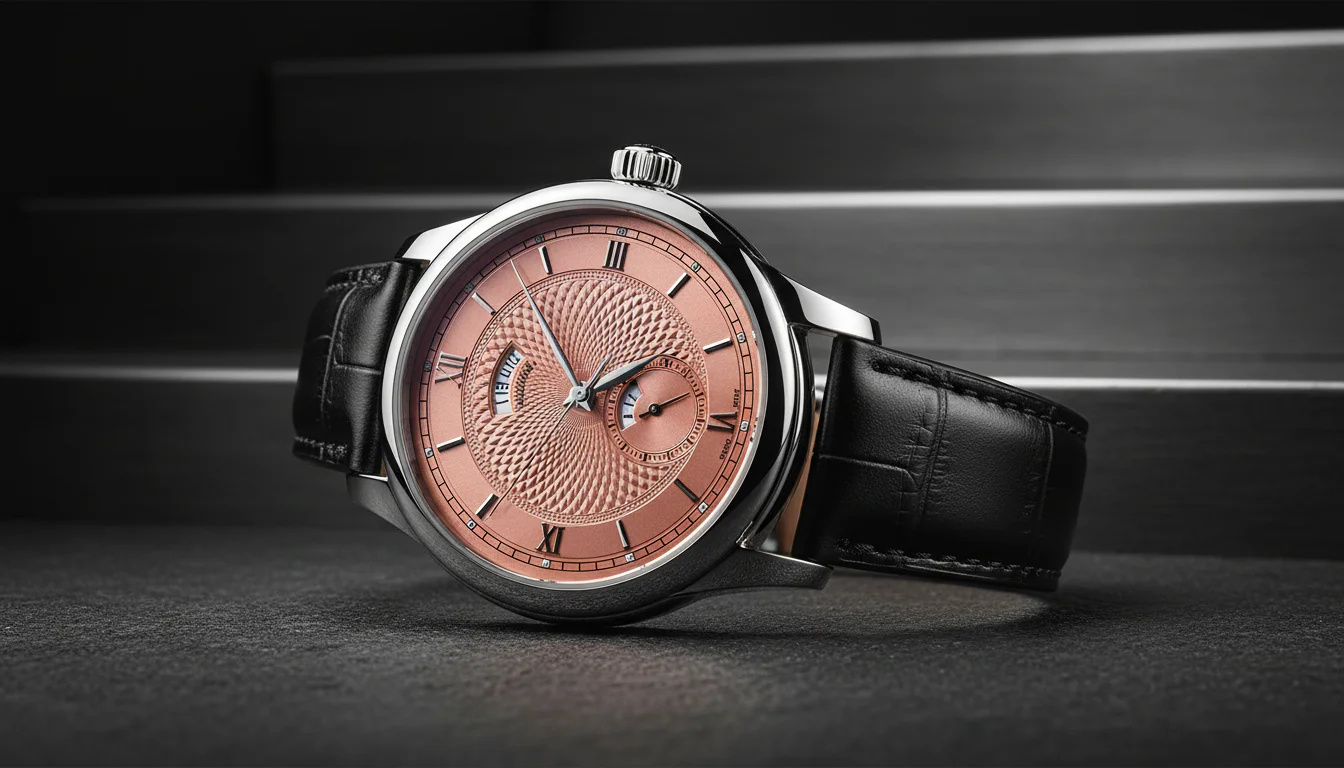 Salmon dial dress watch with textured guilloche pattern and steel case
