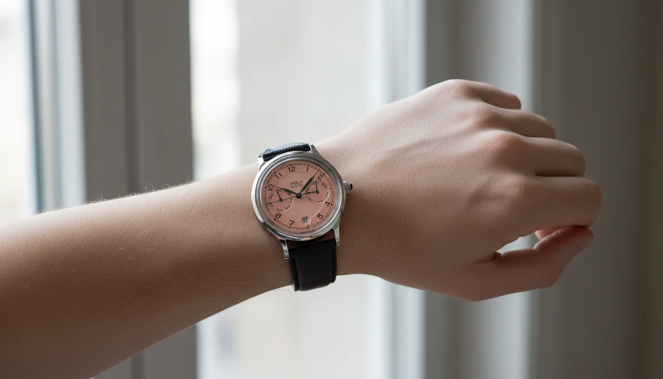 Salmon dial watch worn on the wrist showing the warm dial color in natural light
