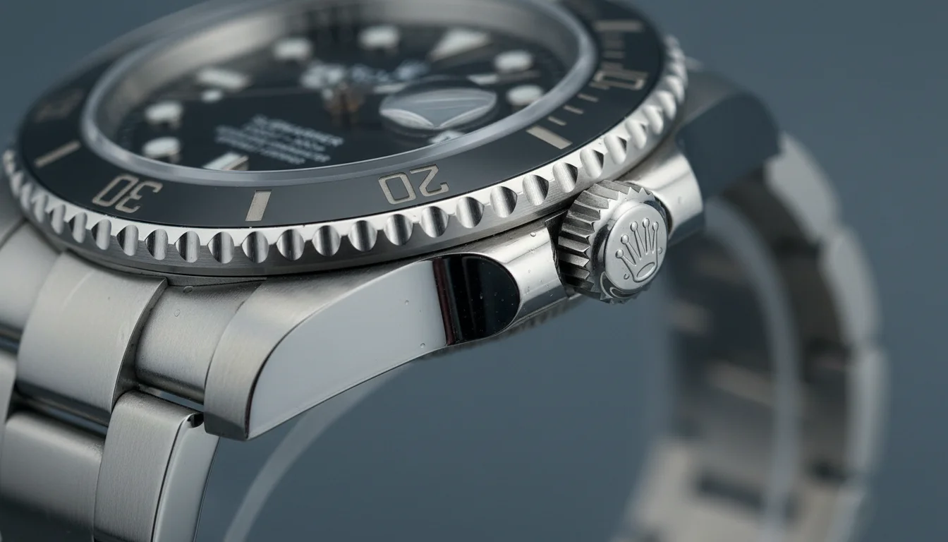 Crown guards flanking a screw-down crown on a dive watch case
