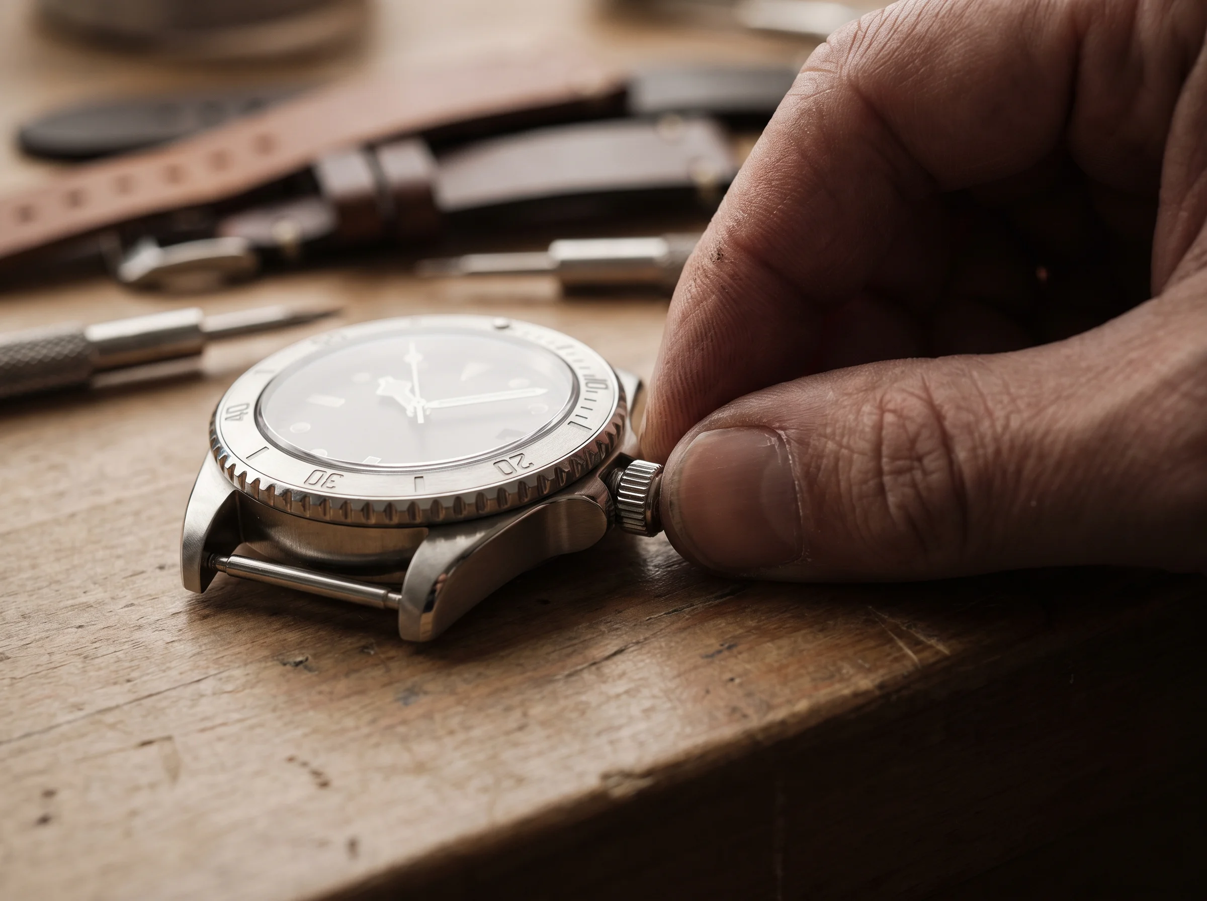 A hand screwing down the crown on the side of a stainless steel dive watch