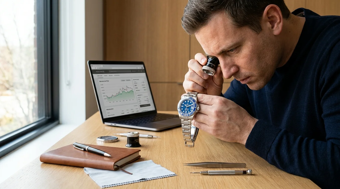 Watch dealer inspecting luxury watch with loupe, laptop showing price charts, authentication tools on wooden desk