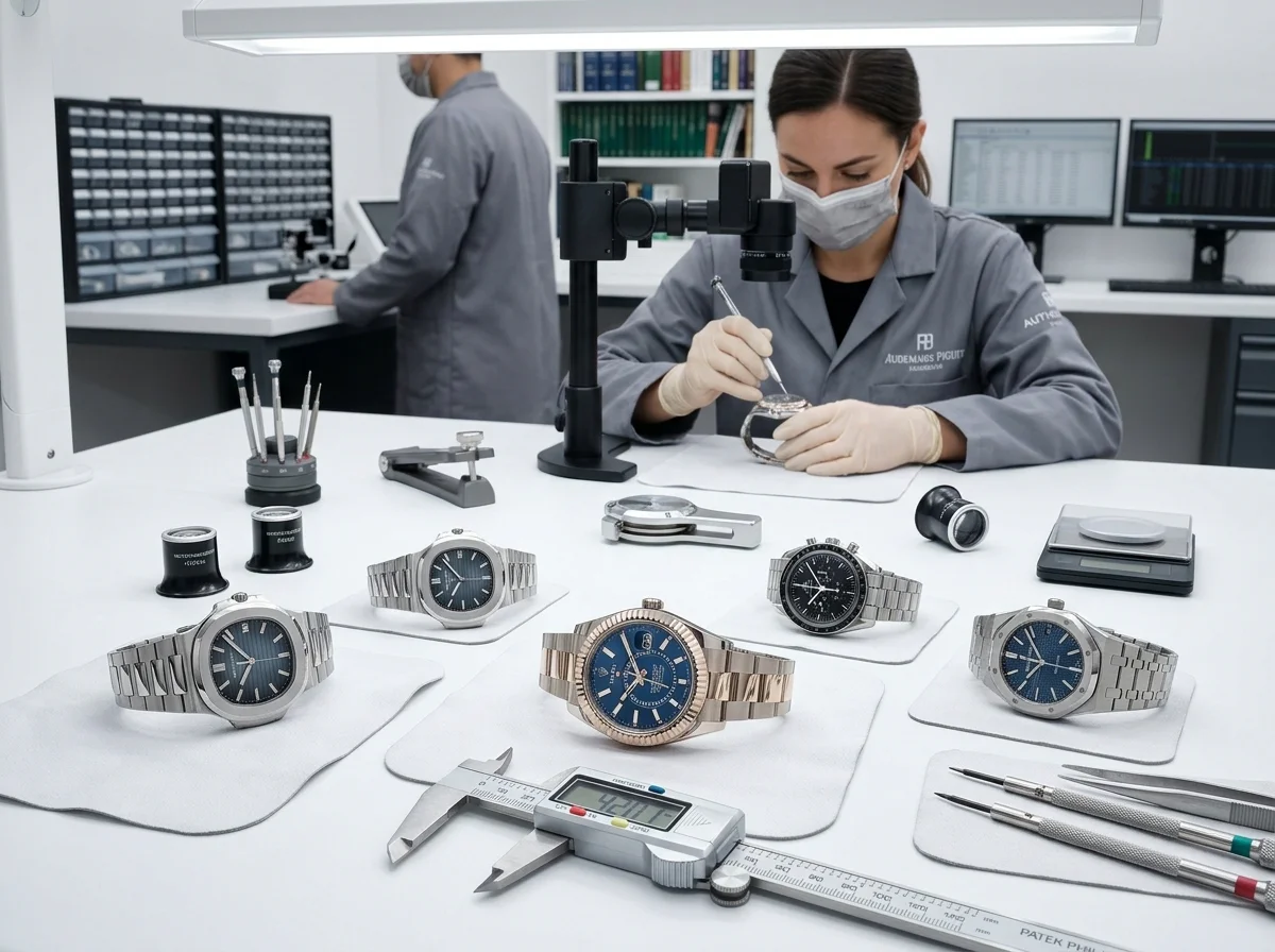 Modern watch authentication studio, luxury watches on white inspection surface with digital calipers and overhead lighting