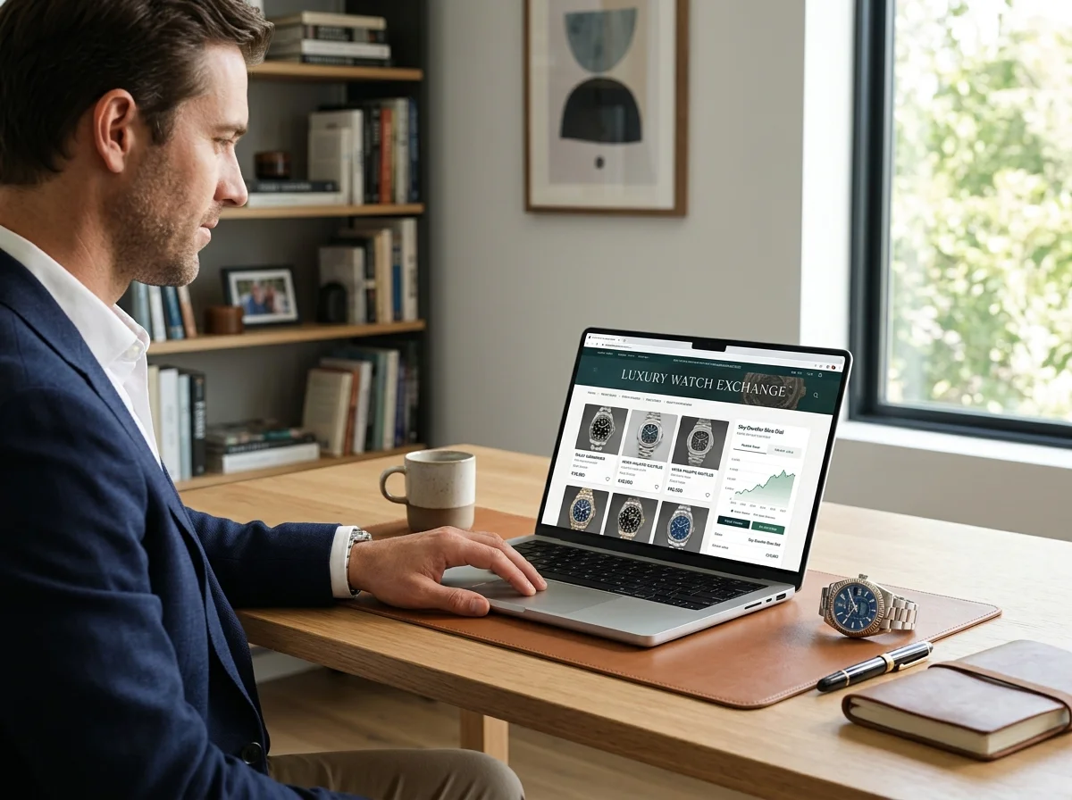 Person browsing luxury watch listings on laptop beside a physical watch, modern home office, natural light