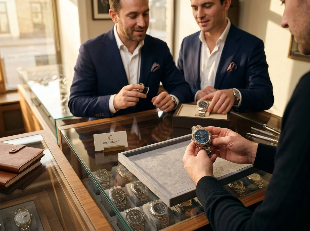Pre-owned watch dealer counter with luxury watches in glass display case, professional dealer in warm background lighting
