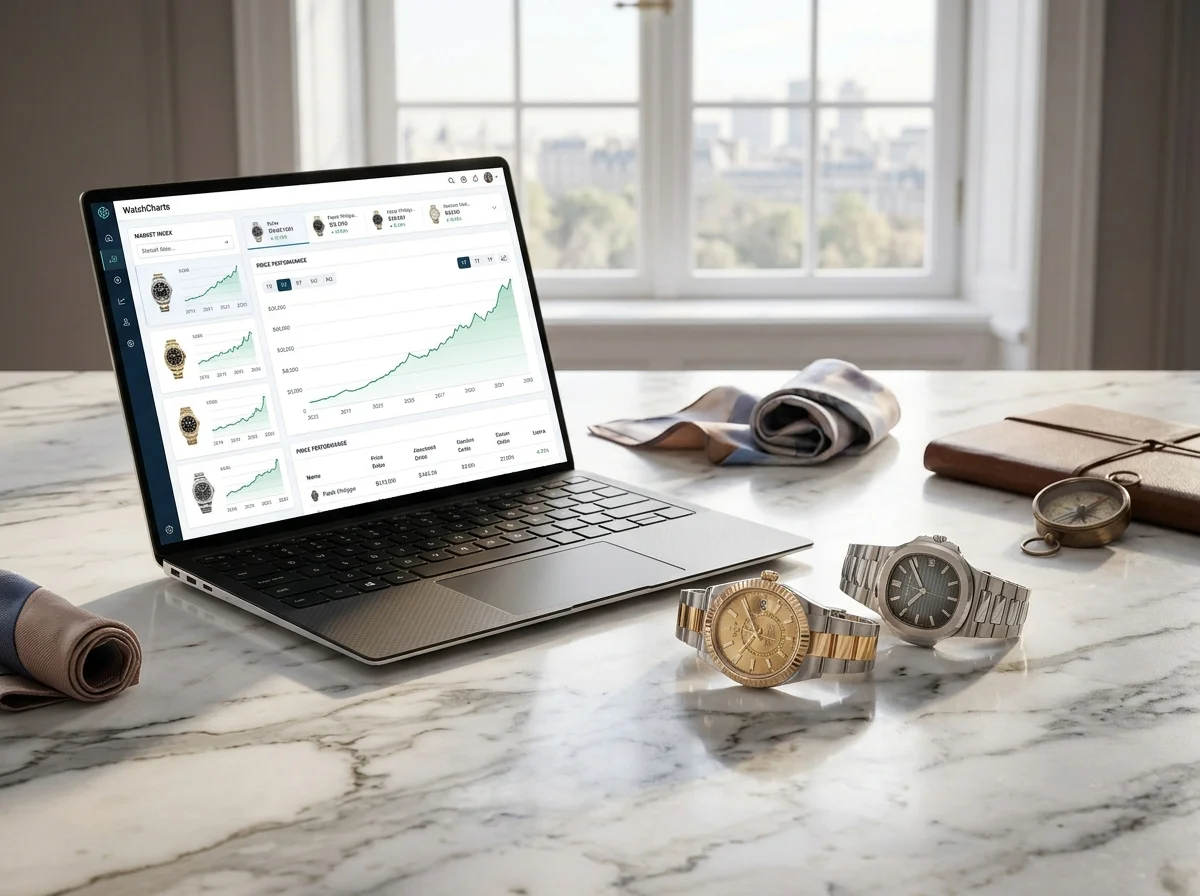 Watch price chart on laptop beside two luxury watches on marble surface, morning window light showing market data