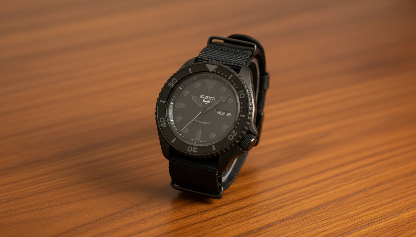 Seiko 5 Sports automatic watch on a wood desk, front view