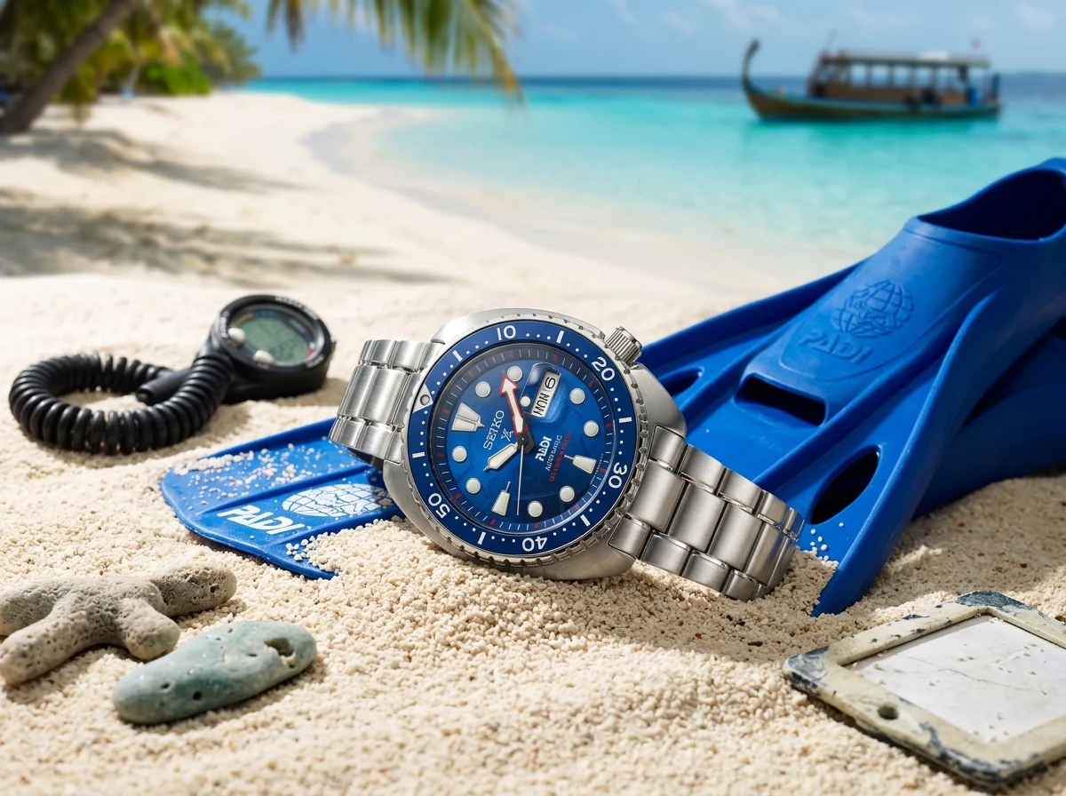 Seiko Prospex King Turtle PADI blue dial on sandy beach beside scuba diving fins, bright tropical light