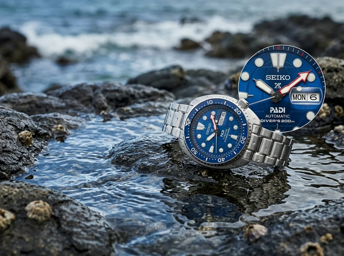 Seiko Prospex King Turtle PADI HBB002 blue sunburst dial with globe motif detail on dark wet rock