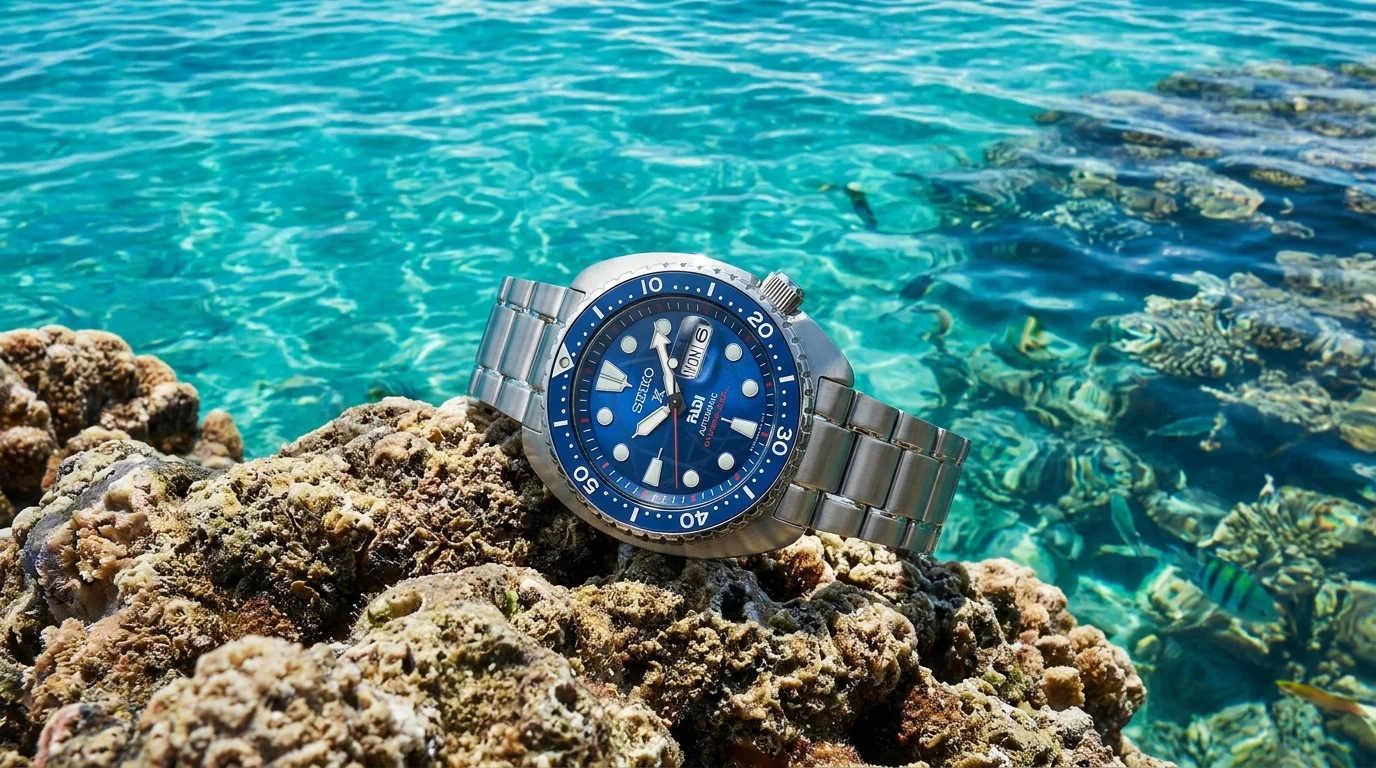 Seiko Prospex PADI 60th Anniversary HBB002 King Turtle on coral reef rock with turquoise ocean, natural light