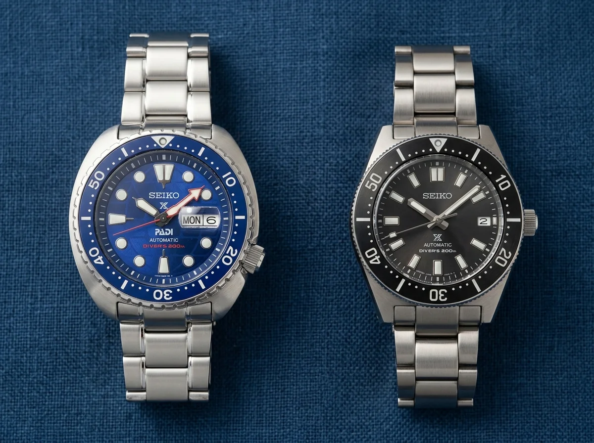 Seiko Prospex HBB002 PADI blue dial beside standard Seiko Prospex SPB black dial comparison on ocean-blue linen