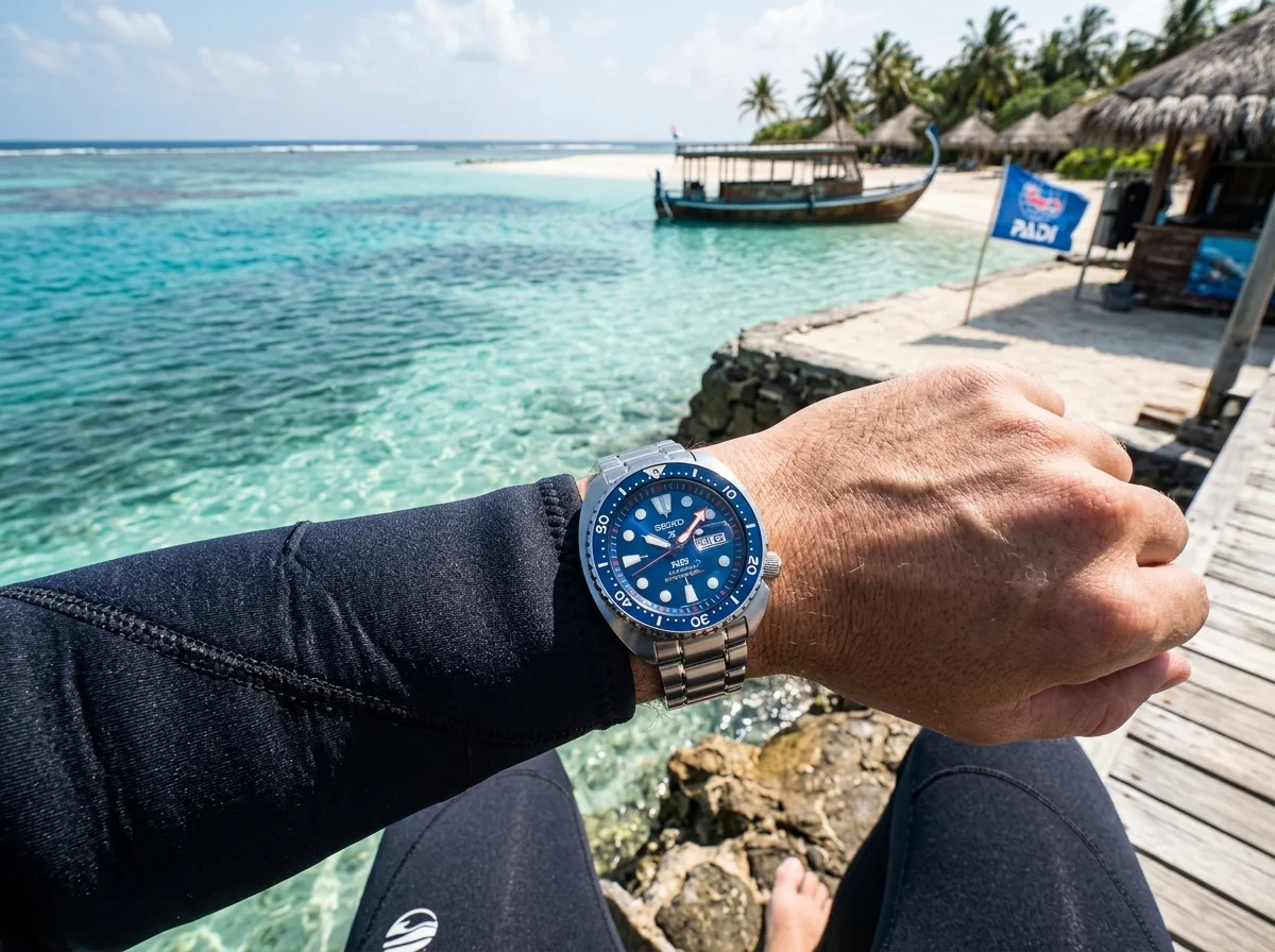 Seiko Prospex King Turtle PADI HBB002 worn on wrist with wetsuit sleeve visible, tropical outdoor water setting