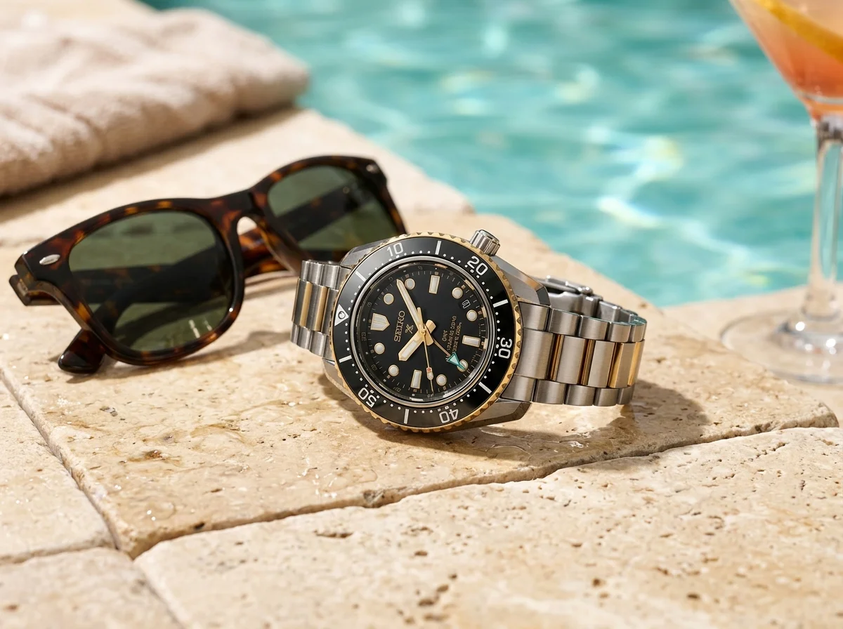 Seiko Prospex entry-level NH35 dive watch resting poolside with sunglasses, bright midday light