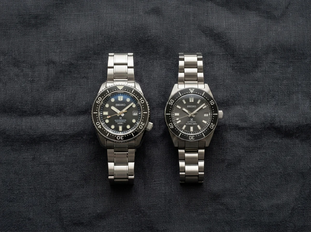 Seiko Prospex SLA MarineMaster 300m beside mid-range SPB comparison flat lay on dark grey linen