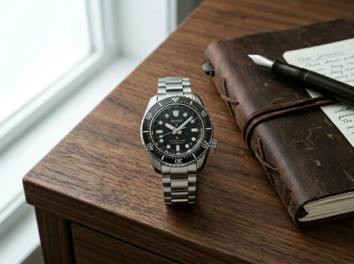 Seiko Prospex SPB 62MAS-inspired heritage diver on wooden desk beside leather journal and fountain pen