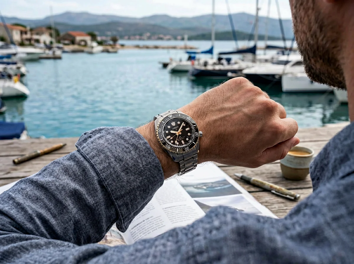 Seiko Prospex SPB mid-tier 6R35 dive watch worn on wrist near water, casual shirt cuff, natural outdoor light