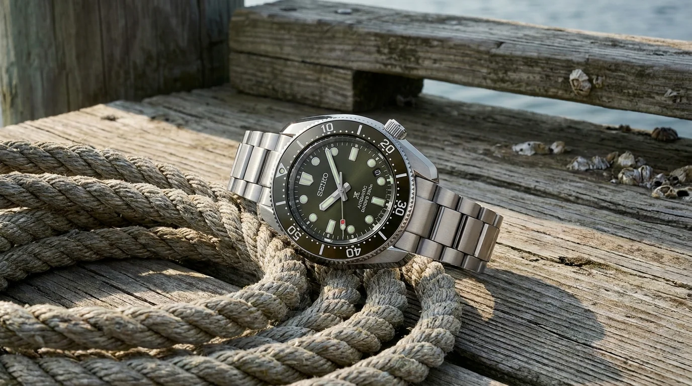 Seiko Prospex SPB185 Willard reissue dive watch on weathered maritime rope on wooden dock, morning light