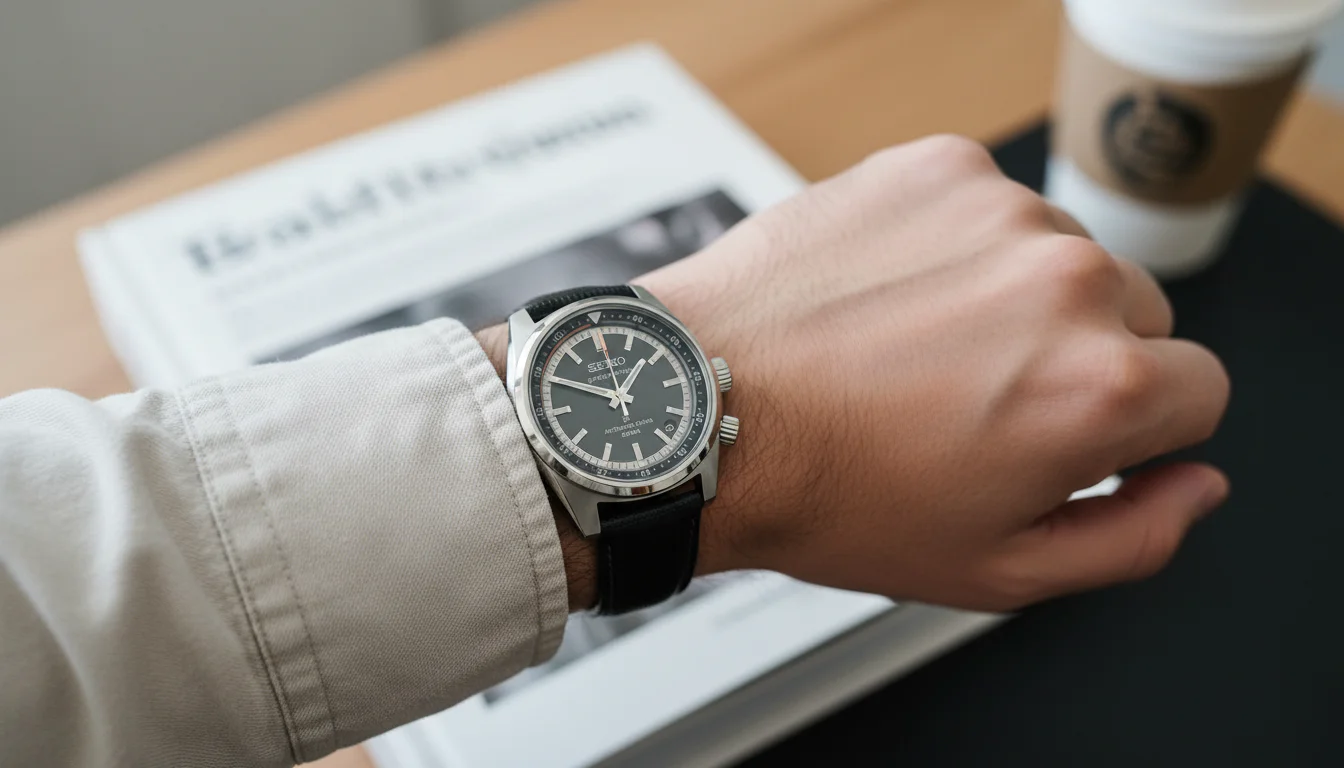 Seiko Prospex Speedtimer HBC004 dark dial watch on embossed leather strap, wrist shot