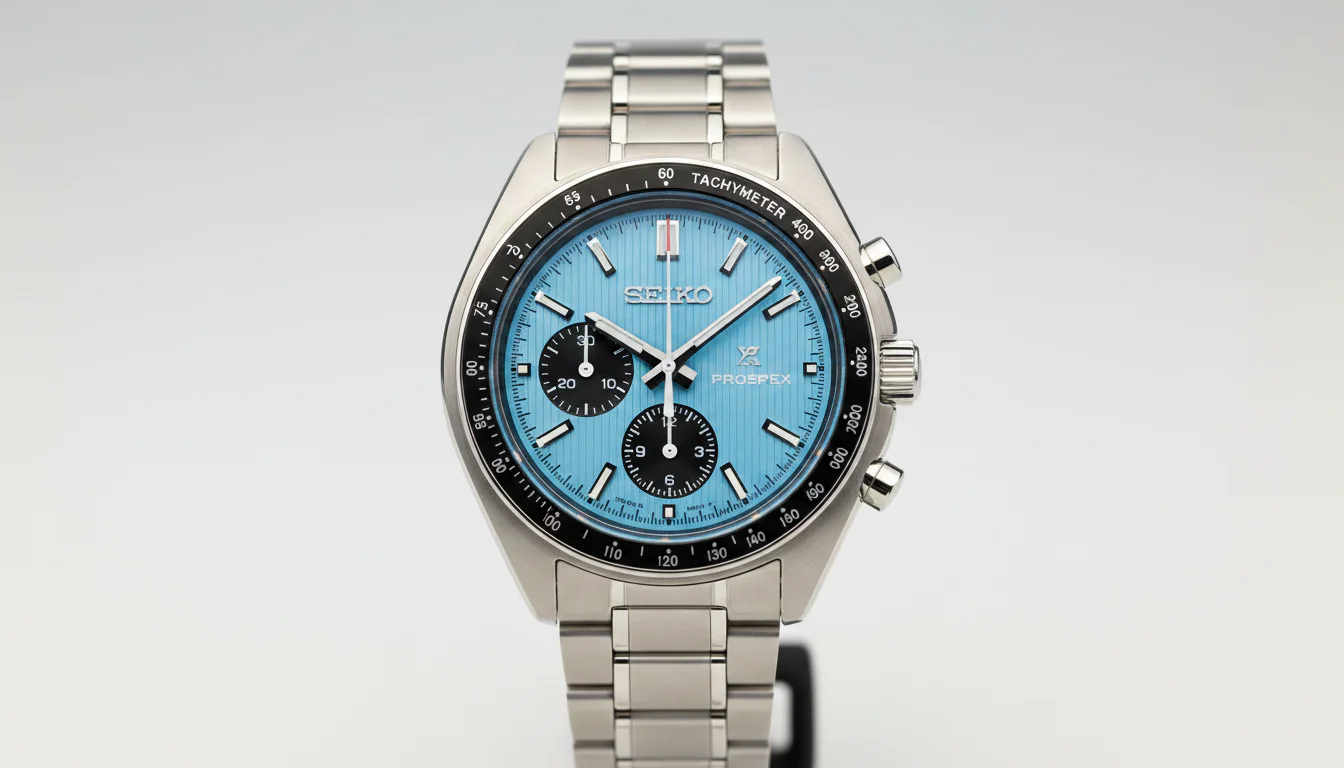 Seiko Prospex Speedtimer Mechanical HBD001 chronograph with sky blue dial, front view
