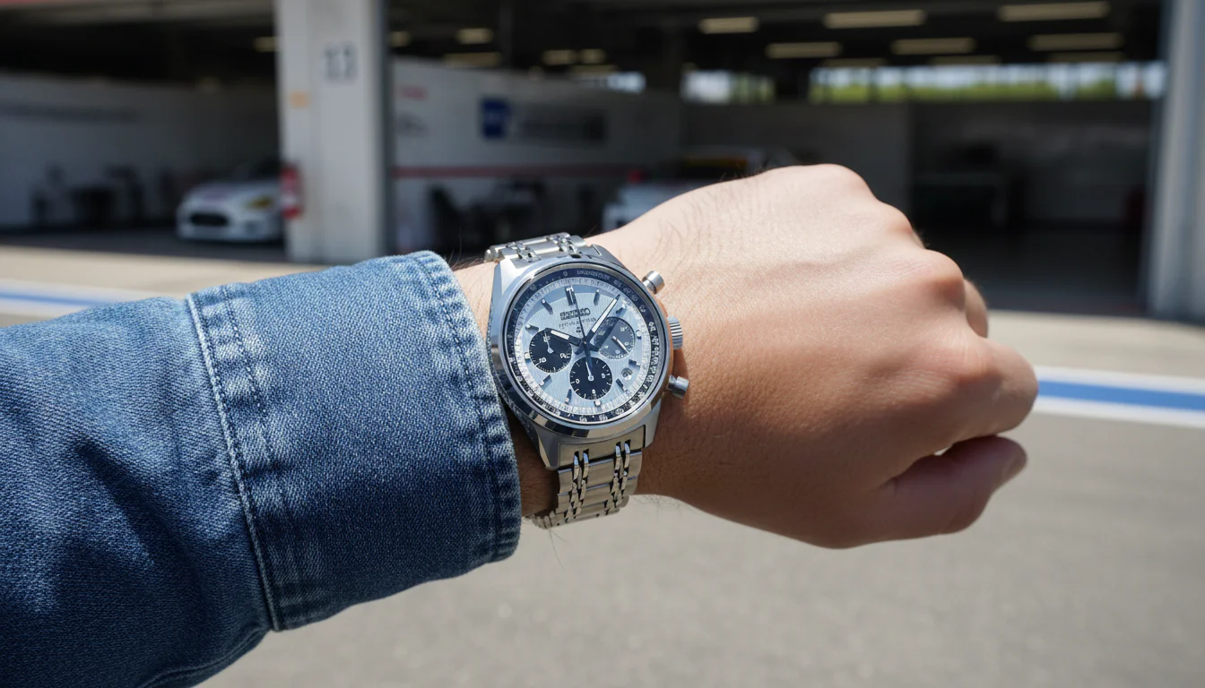 Seiko Prospex Speedtimer Mechanical HBD001 chronograph worn on the wrist at a racetrack garage