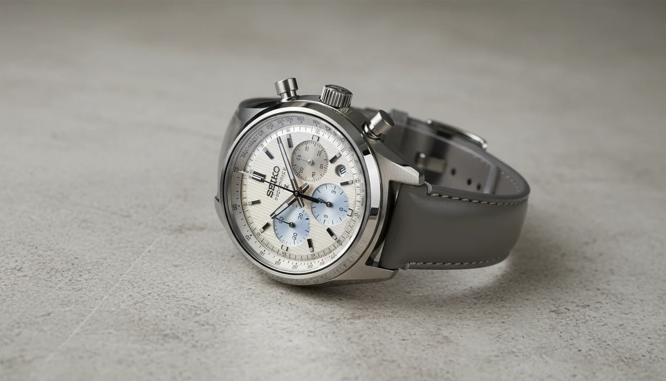 Seiko Prospex Speedtimer Mechanical HBD002 chronograph on grey leather strap, angled view