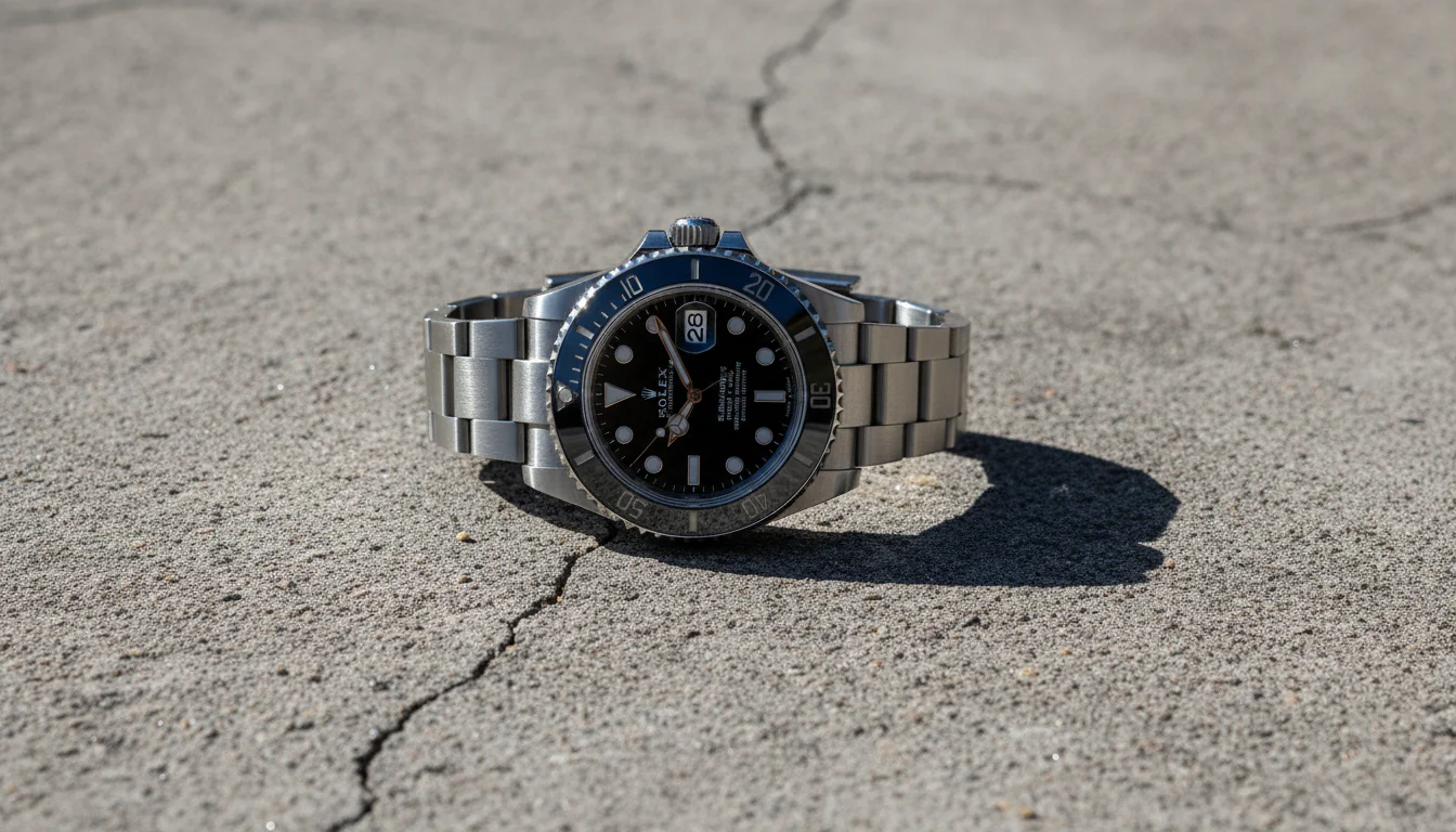 A steel sports watch on a hard surface, the kind of impact shock protection guards against